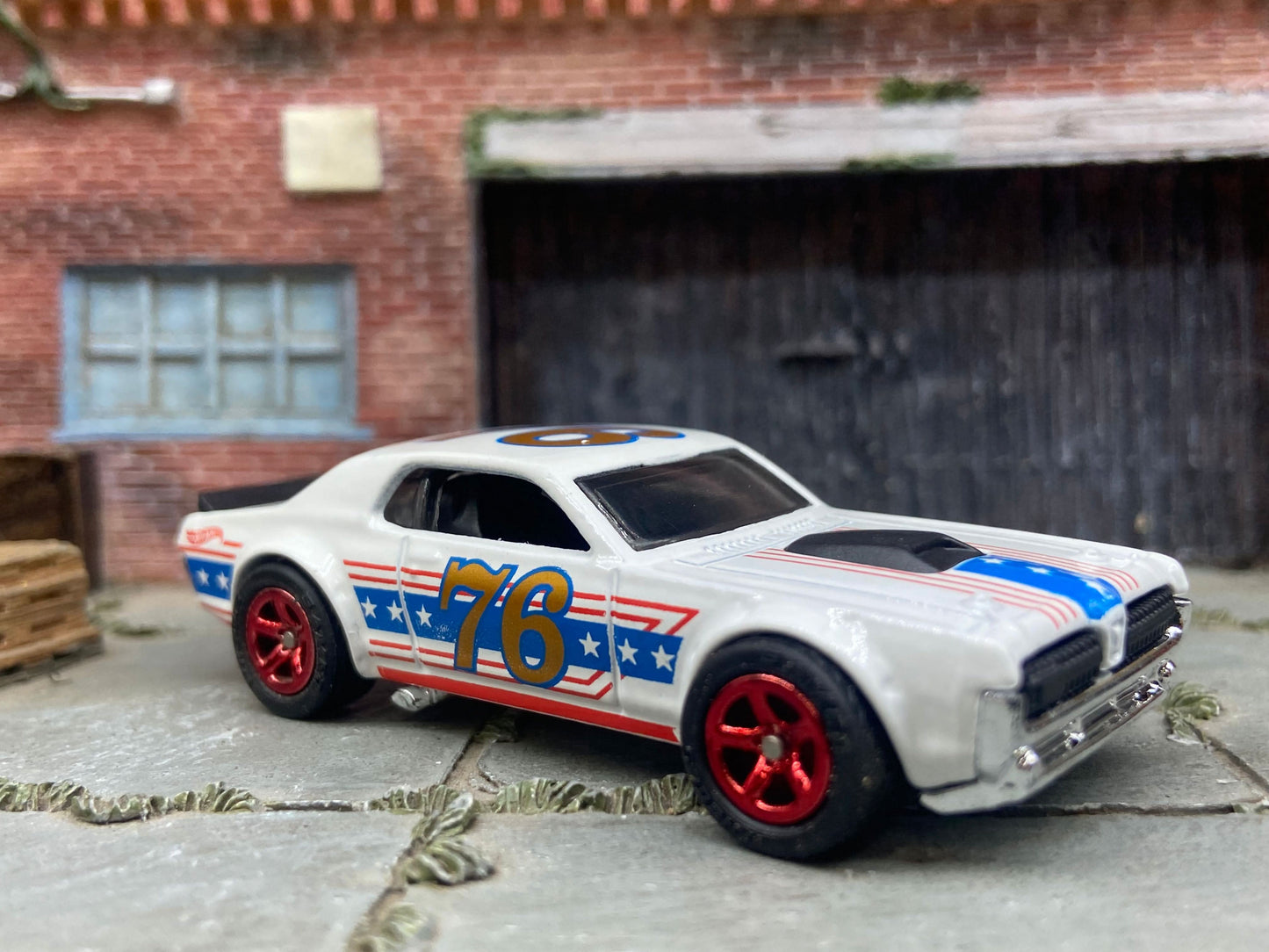 Custom Hot Wheels Stars and Stripes 1968 Mercury Cougar Dressed in Red, White and Blue with Red 5 Star Wheels with Rubber Tires