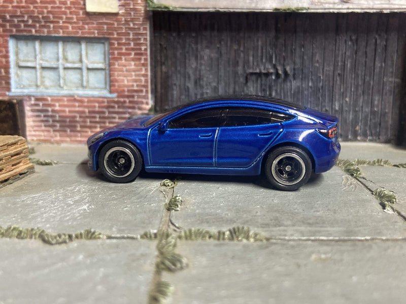 Custom Hot Wheels Tesla Model 3 In Blue With Black and Chrome 5 Spoke Race  Wheels With Rubber Tires