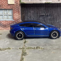 Custom Hot Wheels Tesla Model 3 In Blue With Black and Chrome 5 Spoke Race Wheels With Rubber Tires