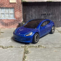 Custom Hot Wheels Tesla Model 3 In Blue With Black and Chrome 5 Spoke Race Wheels With Rubber Tires