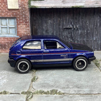 Custom Hot Wheels VW Volkswagen Golf MK2 In Blue and Black With Black And Chrome 5 Spoke Wheels With Rubber Tires