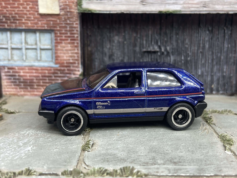Custom Hot Wheels VW Volkswagen Golf MK2 In Blue and Black With Black And Chrome 5 Spoke Wheels With Rubber Tires