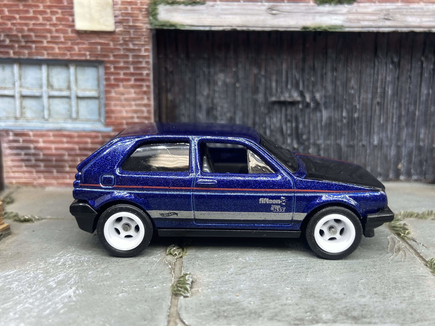 Custom Hot Wheels VW Volkswagen Golf MK2 In Blue and Black With White 5 Spoke Wheels With Rubber Tires