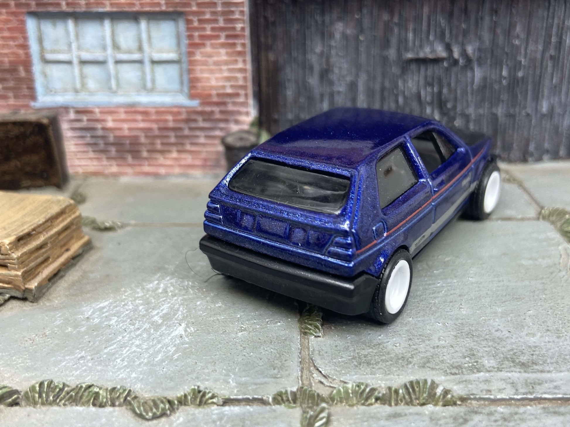 Custom Hot Wheels VW Volkswagen Golf MK2 In Blue and Black With White 5 Spoke Wheels With Rubber Tires