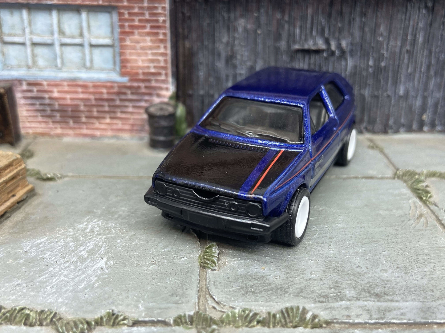 Custom Hot Wheels VW Volkswagen Golf MK2 In Blue and Black With White 5 Spoke Wheels With Rubber Tires