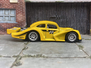 Custom Hot Wheels VW Volkswagen Kafer Racer In Mooneyes Yellow and Black With Chrome BBS Racing Wheels Rubber Tires