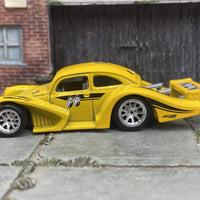 Custom Hot Wheels VW Volkswagen Kafer Racer In Mooneyes Yellow and Black With Chrome BBS Racing Wheels Rubber Tires