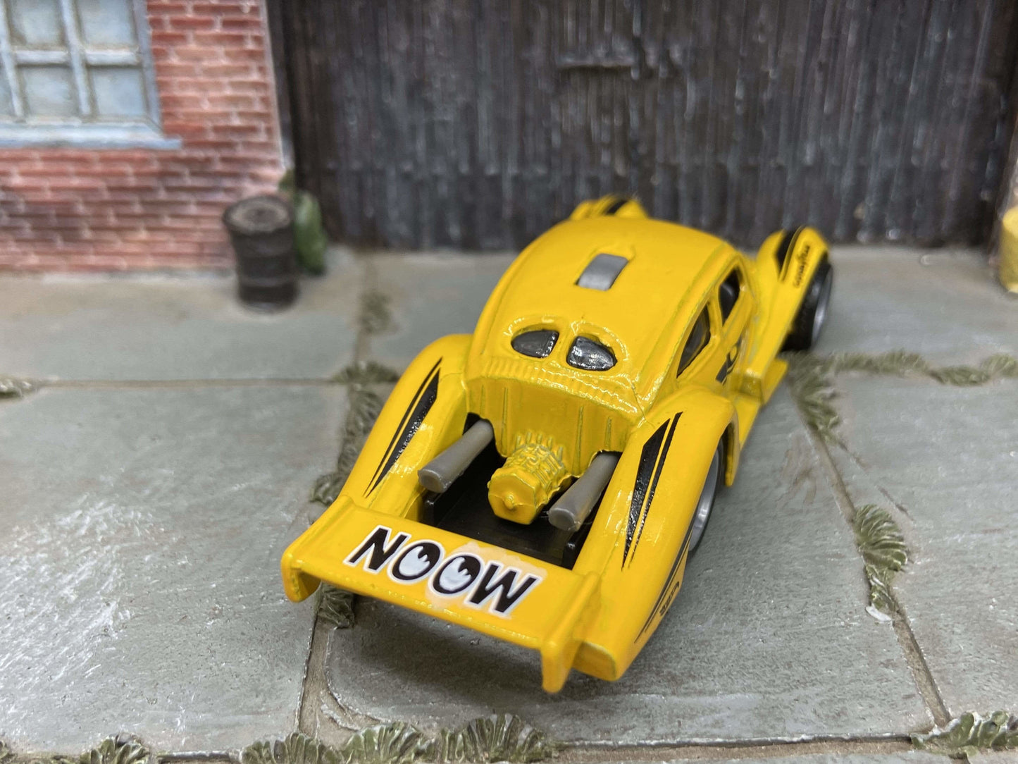 Custom Hot Wheels VW Volkswagen Kafer Racer In Mooneyes Yellow and Black With Gray American Racing Wheels Rubber Tires