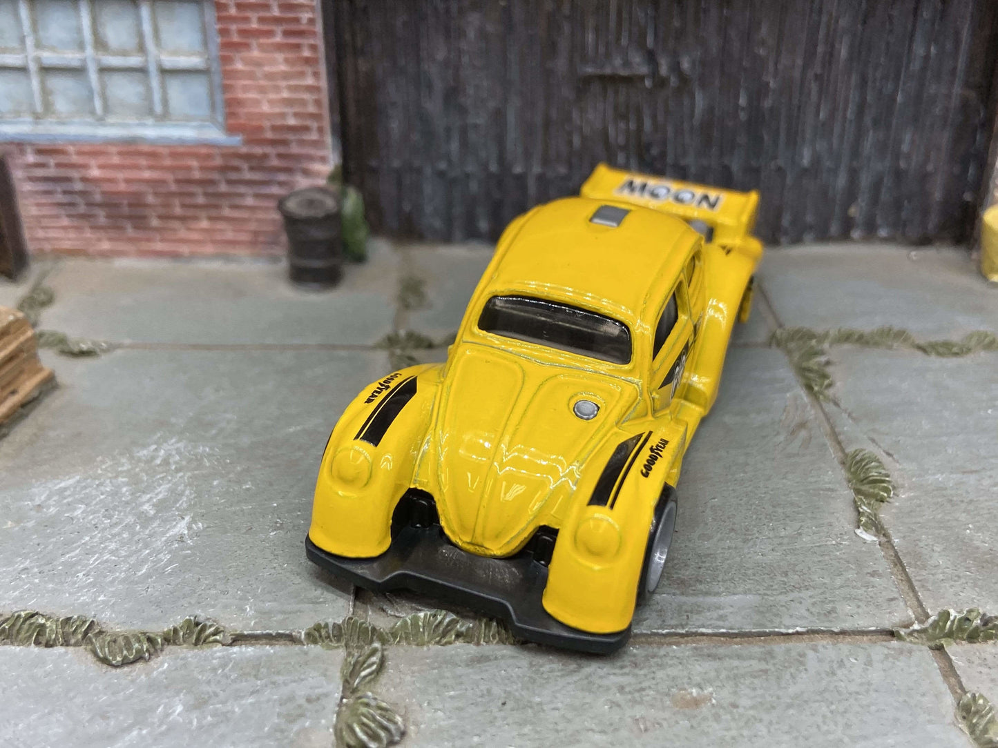 Custom Hot Wheels VW Volkswagen Kafer Racer In Mooneyes Yellow and Black With Gray American Racing Wheels Rubber Tires