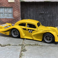 Custom Hot Wheels VW Volkswagen Kafer Racer In Mooneyes Yellow and Black With Gray American Racing Wheels Rubber Tires