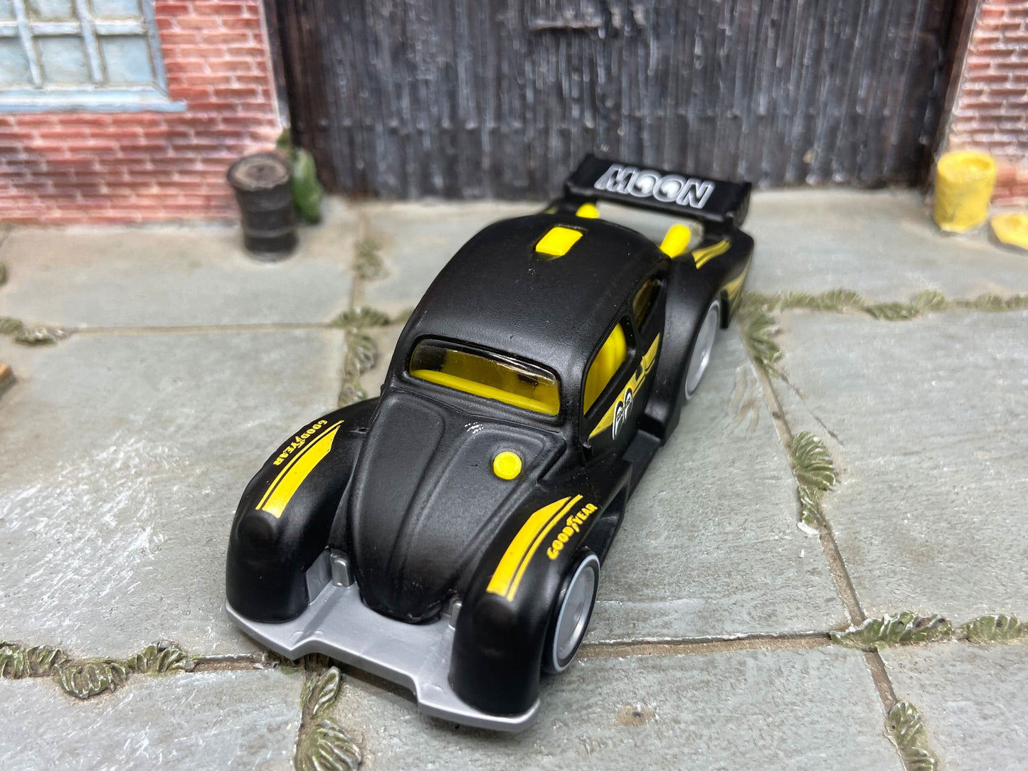 Custom Hot Wheels VW Volkswagen Kafer Racer In Satin Back Moon Racing Livery With Gray Smoothie Wheels With Whitewall Rubber Tires