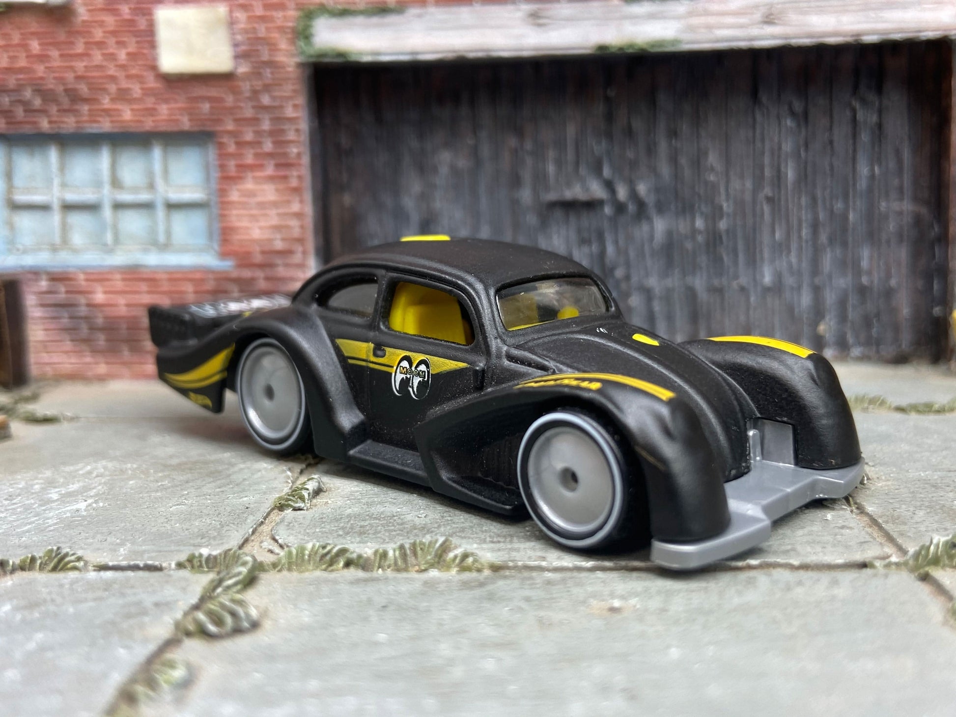 Custom Hot Wheels VW Volkswagen Kafer Racer In Satin Back Moon Racing Livery With Gray Smoothie Wheels With Whitewall Rubber Tires
