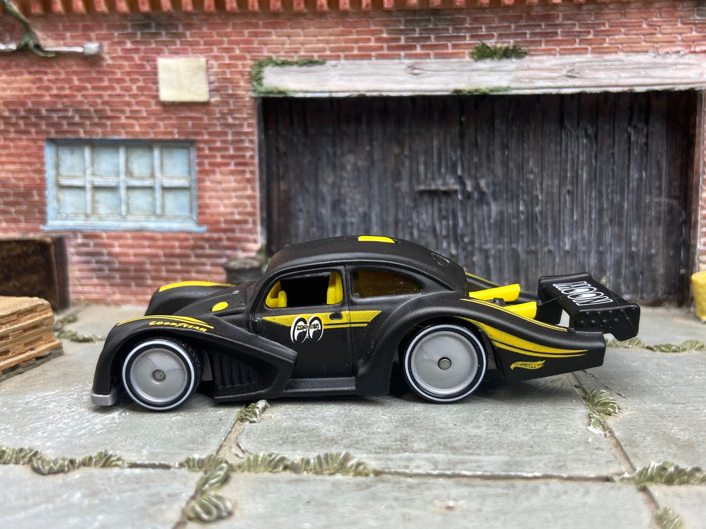 Custom Hot Wheels VW Volkswagen Kafer Racer In Satin Back Moon Racing Livery With Gray Smoothie Wheels With Whitewall Rubber Tires