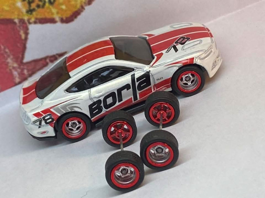 Custom Hot Wheels Wheels and Matchbox Rubber Tires and Chrome 5 Spoke Race Wheel Red Lip