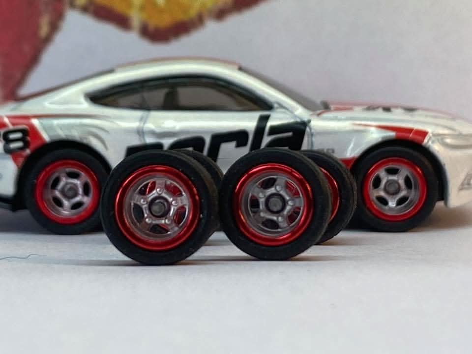 Custom Hot Wheels Wheels and Matchbox Rubber Tires and Chrome 5 Spoke Race Wheel Red Lip