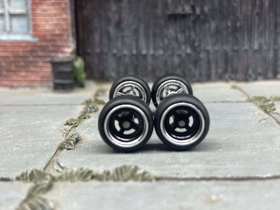 Custom Hot Wheels Wheels and Matchbox Rubber Tires - Black and Chrome 4 Spoke Wheels Rubber Tires 10mm & 10mm