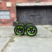 Custom Hot Wheels Wheels and Matchbox Rubber Tires - Black and Green 5 Spoke American Racing Wheels And Rubber Tires 10mm & 10mm