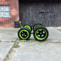Custom Hot Wheels Wheels and Matchbox Rubber Tires - Black and Green 5 Spoke American Racing Wheels And Rubber Tires 10mm & 12mm