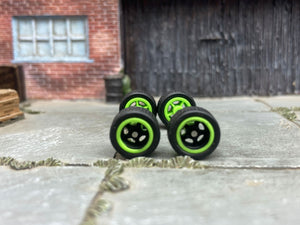 Custom Hot Wheels Wheels and Matchbox Rubber Tires - Black and Green 5 Spoke American Racing Wheels And Rubber Tires 12mm & 12mm