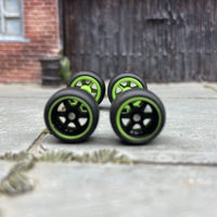 Custom Hot Wheels Wheels and Matchbox Rubber Tires - Black and Green 6 Spoke Studded Race Wheels Rubber Tires 10mm & 10mm