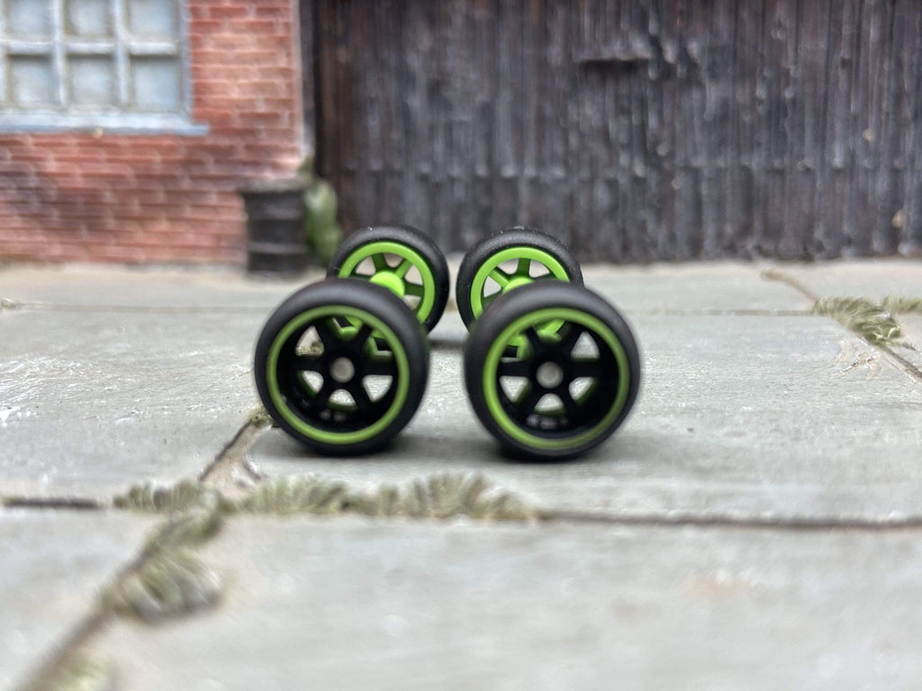 Custom Hot Wheels Wheels and Matchbox Rubber Tires - Black and Green 6 Spoke Studded Race Wheels Rubber Tires 10mm & 10mm