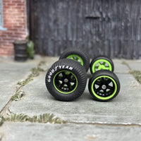 Custom Hot Wheels Wheels and Matchbox Rubber Tires - Black and Green 6 Spoke Studded Race Wheels With Goodyear Rubber Tire Cheater Drag Slicks 13mm