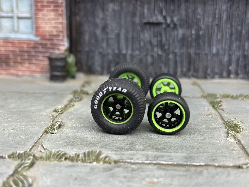 Custom Hot Wheels Wheels and Matchbox Rubber Tires - Black and Green 6 Spoke Studded Race Wheels With Goodyear Rubber Tire Cheater Drag Slicks 13mm