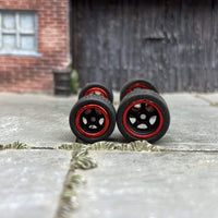 Custom Hot Wheels Wheels and Matchbox Rubber Tires - Black and Red 5 Spoke American Racing Wheels And Rubber Tires 10mm & 12mm