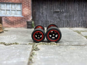 Custom Hot Wheels Wheels and Matchbox Rubber Tires - Black and Red 5 Spoke American Racing Wheels And Rubber Tires 10mm & 12mm
