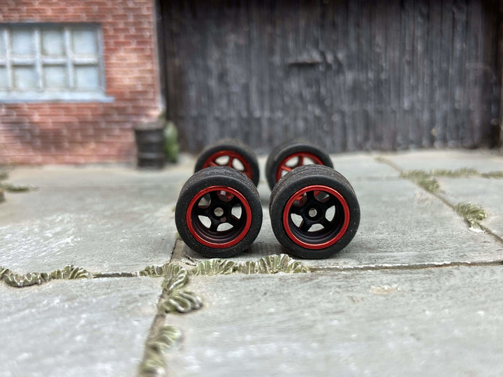 Custom Hot Wheels Wheels and Matchbox Rubber Tires - Black and Red 5 Spoke American Racing Wheels And Rubber Tires 12mm & 12mm