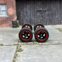 Custom Hot Wheels Wheels and Matchbox Rubber Tires - Black and Red 5 Spoke American Racing Wheels And Rubber Tires 12mm & 12mm