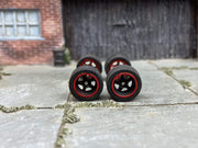 Custom Hot Wheels Wheels and Matchbox Rubber Tires - Black and Red 5 Spoke American Racing Wheels And Rubber Tires 12mm & 12mm