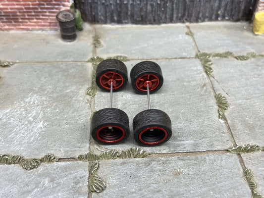 Custom Hot Wheels Wheels and Matchbox Rubber Tires - Black and Red 5 Spoke American Racing Wheels And Rubber Tires 12mm & 12mm