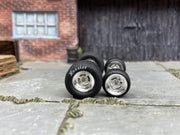 Custom Hot Wheels Wheels and Matchbox Rubber Tires - Chrome 4 Spoke Race Wheels With Hoosier Rubber Cheater Drag Slicks 13mm