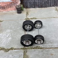 Custom Hot Wheels Wheels and Matchbox Rubber Tires - Chrome 4 Spoke Race Wheels With Hoosier Rubber Cheater Drag Slicks 13mm