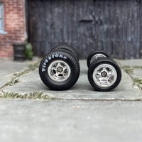 Custom Hot Wheels Wheels and Matchbox Rubber Tires - Chrome 5 Spoke Race Wheels With Firestone Rubber Tire Cheater Drag Slicks 13mm