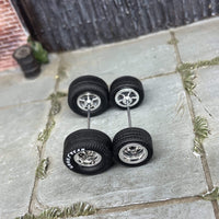 Custom Hot Wheels Wheels and Matchbox Rubber Tires - Chrome 5 Spoke Race Wheels With Goodyear Rubber Tire Cheater Drag Slicks 13mm