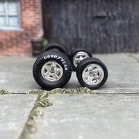 Custom Hot Wheels Wheels and Matchbox Rubber Tires - Chrome 5 Spoke Race Wheels With Goodyear Rubber Tire Cheater Drag Slicks 13mm