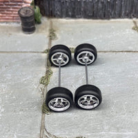 Custom Hot Wheels Wheels and Matchbox Rubber Tires - Chrome 6 Spoke Studded Race Wheels Rubber Tires 10mm & 10mm