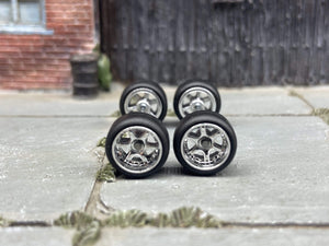 Custom Hot Wheels Wheels and Matchbox Rubber Tires - Chrome 6 Spoke Studded Race Wheels Rubber Tires 10mm & 10mm