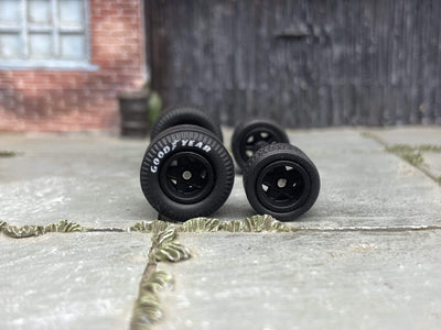 Custom Hot Wheels Wheels and Matchbox Rubber Tires - Flat Black 5 Spoke Race Wheels With Goodyear Rubber Tire Cheater Drag Slicks 13mm