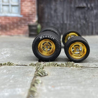 Custom Hot Wheels Wheels and Matchbox Rubber Tires - Gold 4 Spoke Race Wheels With Hoosier Rubber Tire Cheater Drag Slicks 13mm