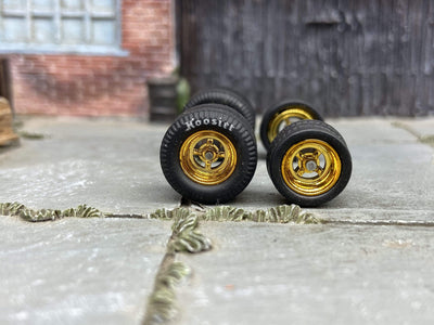 Custom Hot Wheels Wheels and Matchbox Rubber Tires - Gold 4 Spoke Race Wheels With Hoosier Rubber Tire Cheater Drag Slicks 13mm