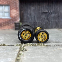 Custom Hot Wheels Wheels and Matchbox Rubber Tires - Gold 5 Spoke Race Wheels With Goodyear Rubber Tire Cheater Drag Slicks 13mm