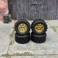 Custom Hot Wheels Wheels and Matchbox Rubber Tires - Gold 6 Spoke Racing Wheels Rubber Off Road 4X4 Tires