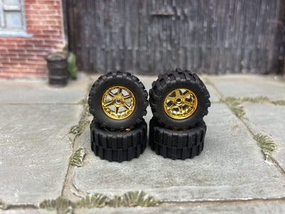 Custom Hot Wheels Wheels and Matchbox Rubber Tires - Gold 6 Spoke Racing Wheels Rubber Off Road 4X4 Tires