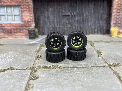 Custom Hot Wheels Wheels and Matchbox Rubber Tires - Green and Black 6 Spoke Racing Wheels Rubber Off Road 4X4 Tires