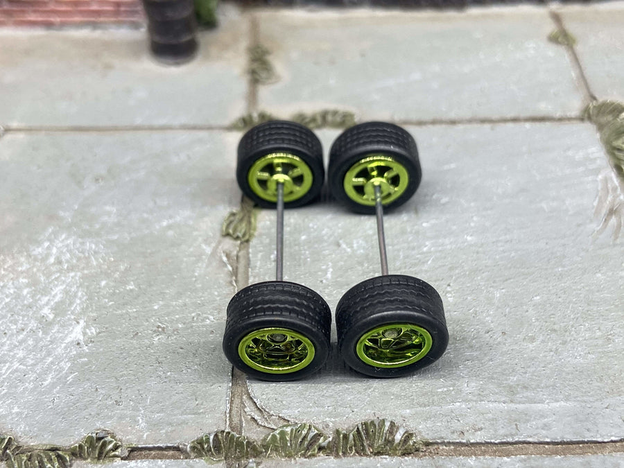 Custom Hot Wheels Wheels and Matchbox Rubber Tires - Green Anodized Classic 5 Star Hot Rod Wheels Rubber Tires 10mm & 10mm