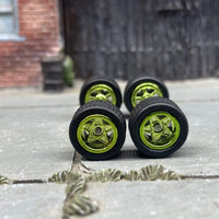 Custom Hot Wheels Wheels and Matchbox Rubber Tires - Green Anodized Classic 5 Star Hot Rod Wheels Rubber Tires 10mm & 10mm