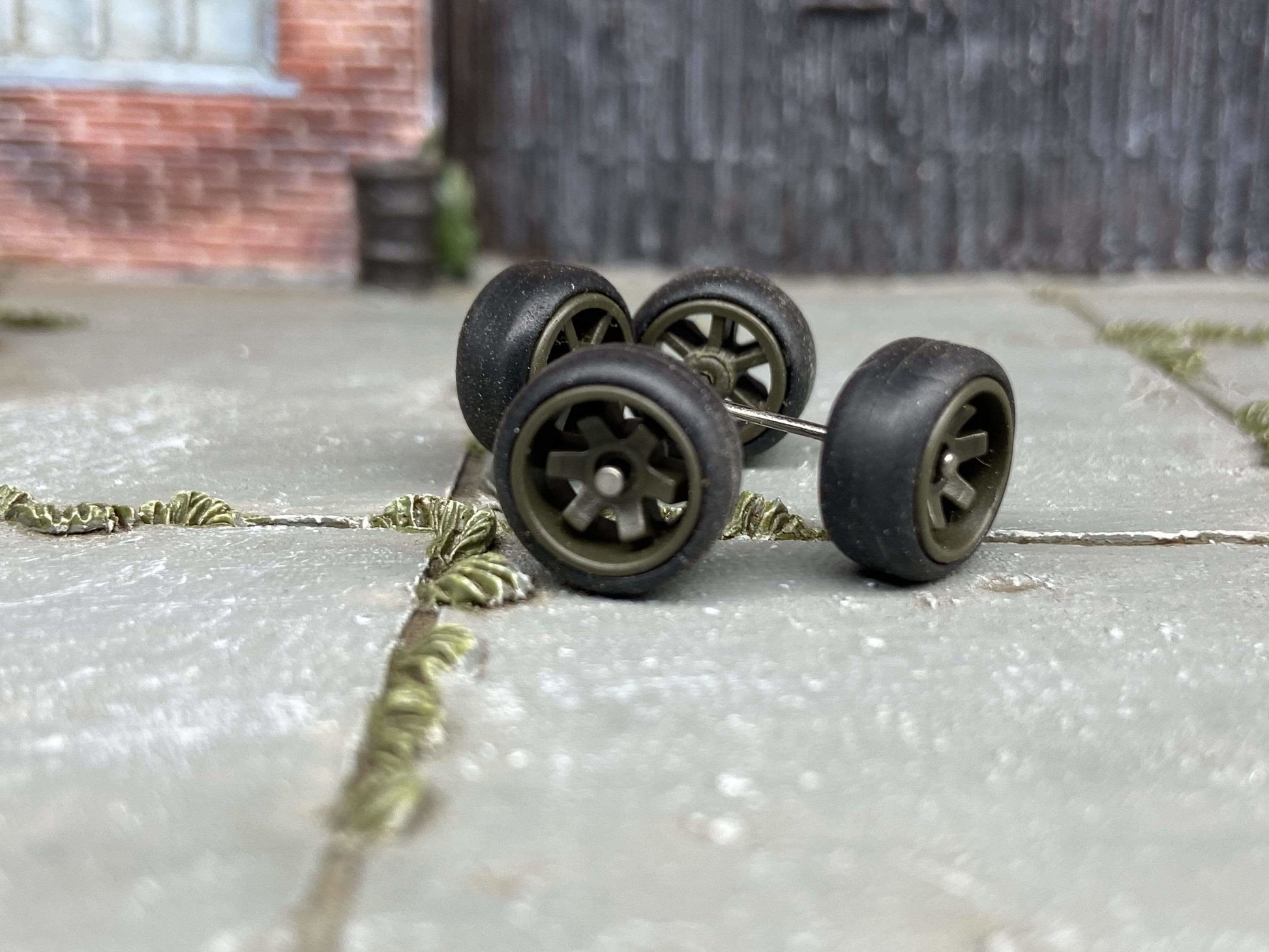 Custom Hot Wheels Wheels and Matchbox Rubber Tires - Green/Drab 6 Spoke Race Wheels Rubber Tires 10mm & 10mm